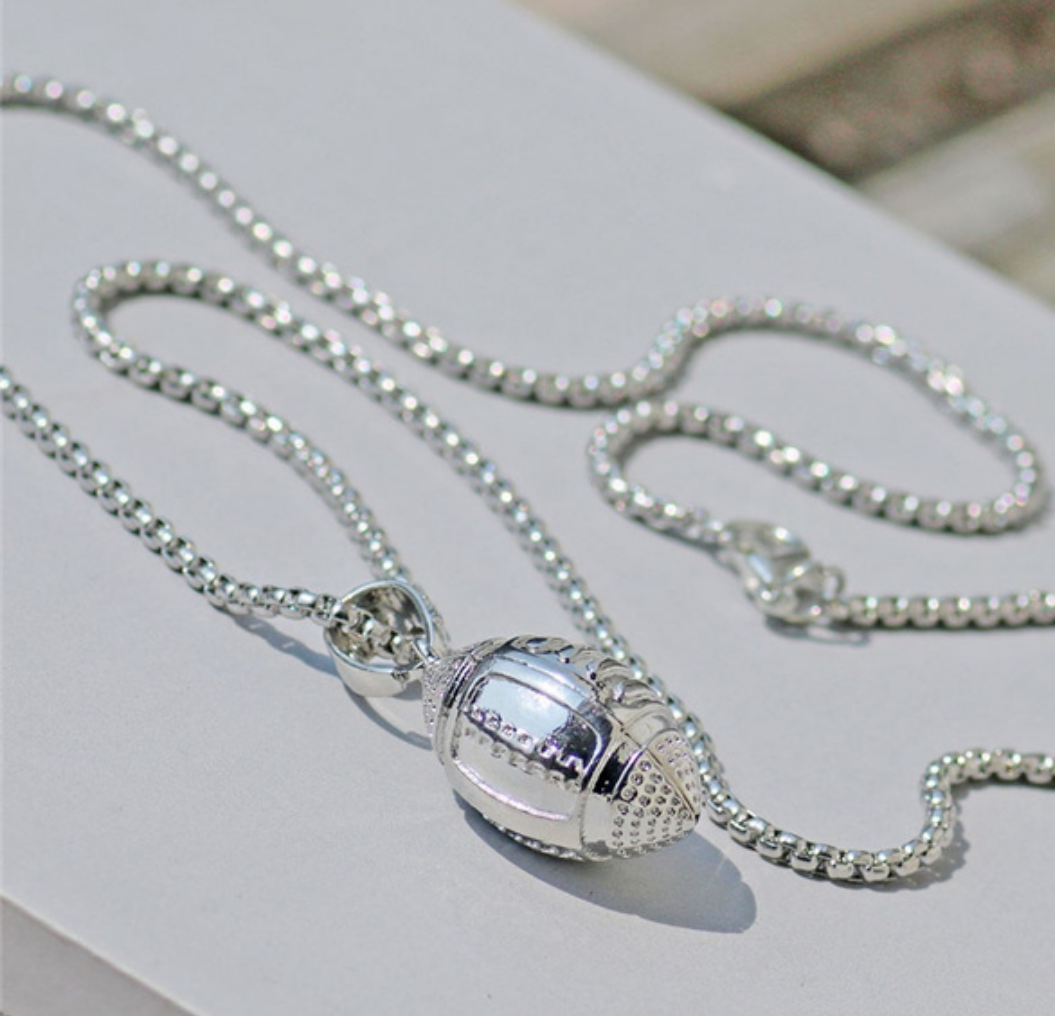 Textured Silver tone football necklace