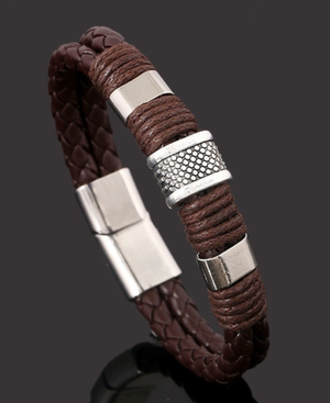 Men's brown rugged one snap bracelet with gunmetal accents