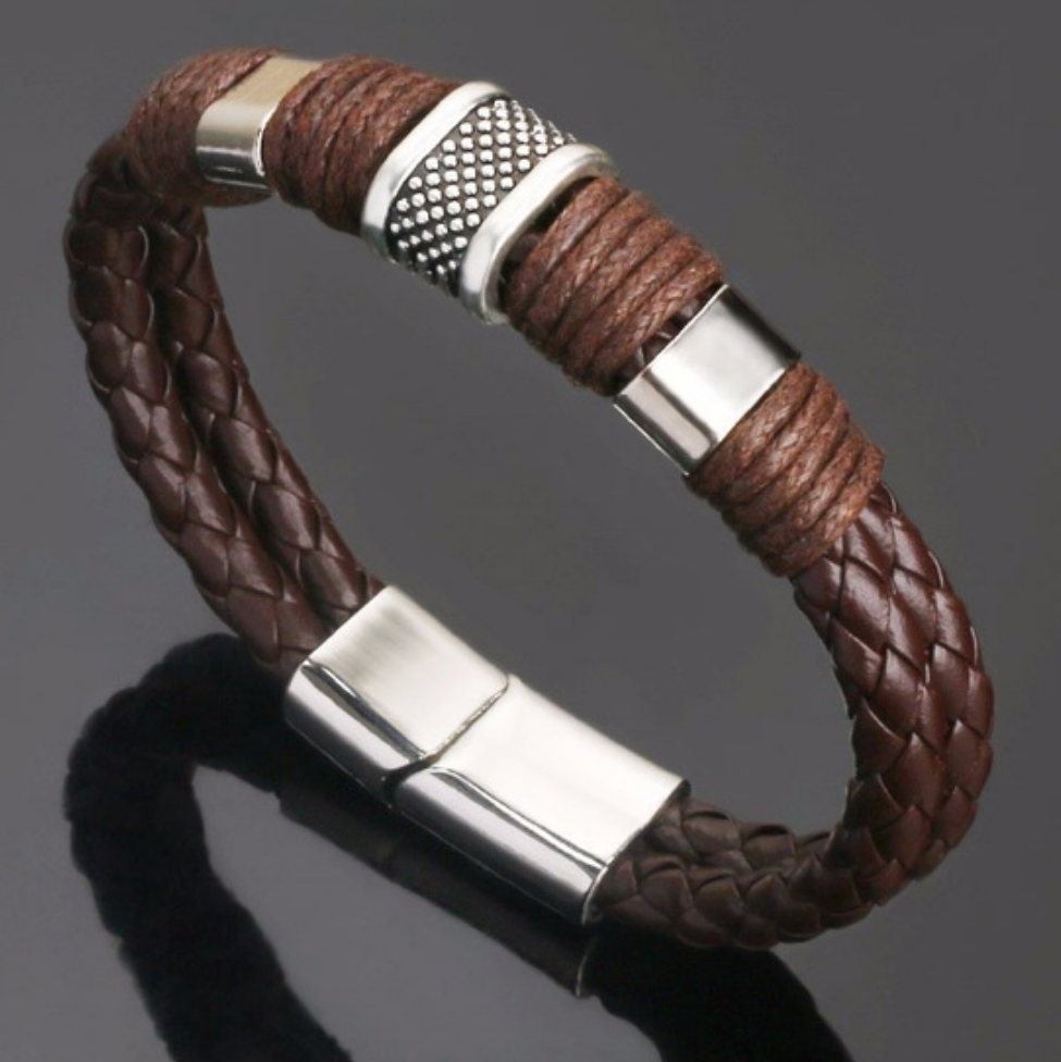 Men's brown rugged one snap bracelet with gunmetal accents