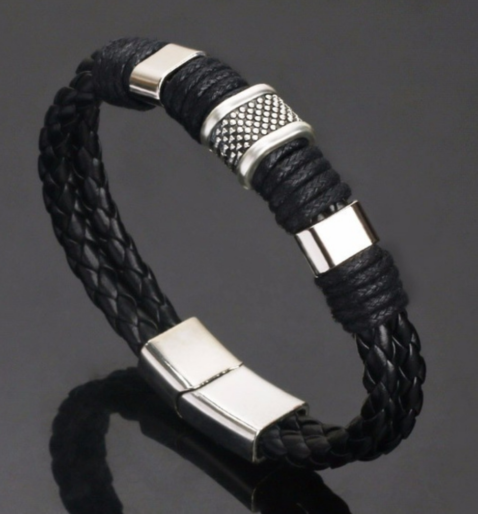 Men's black rugged one snap bracelet with gunmetal accents