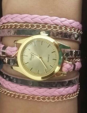 Pink Snakeskin patterned, gold chain wrap-around watch.