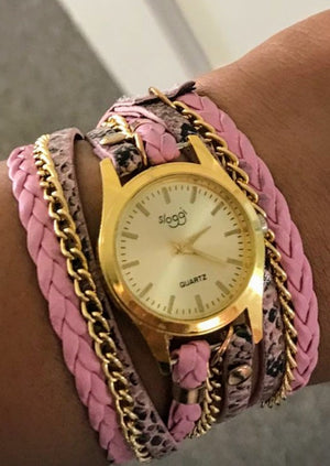 Pink Snakeskin patterned, gold chain wrap-around watch.