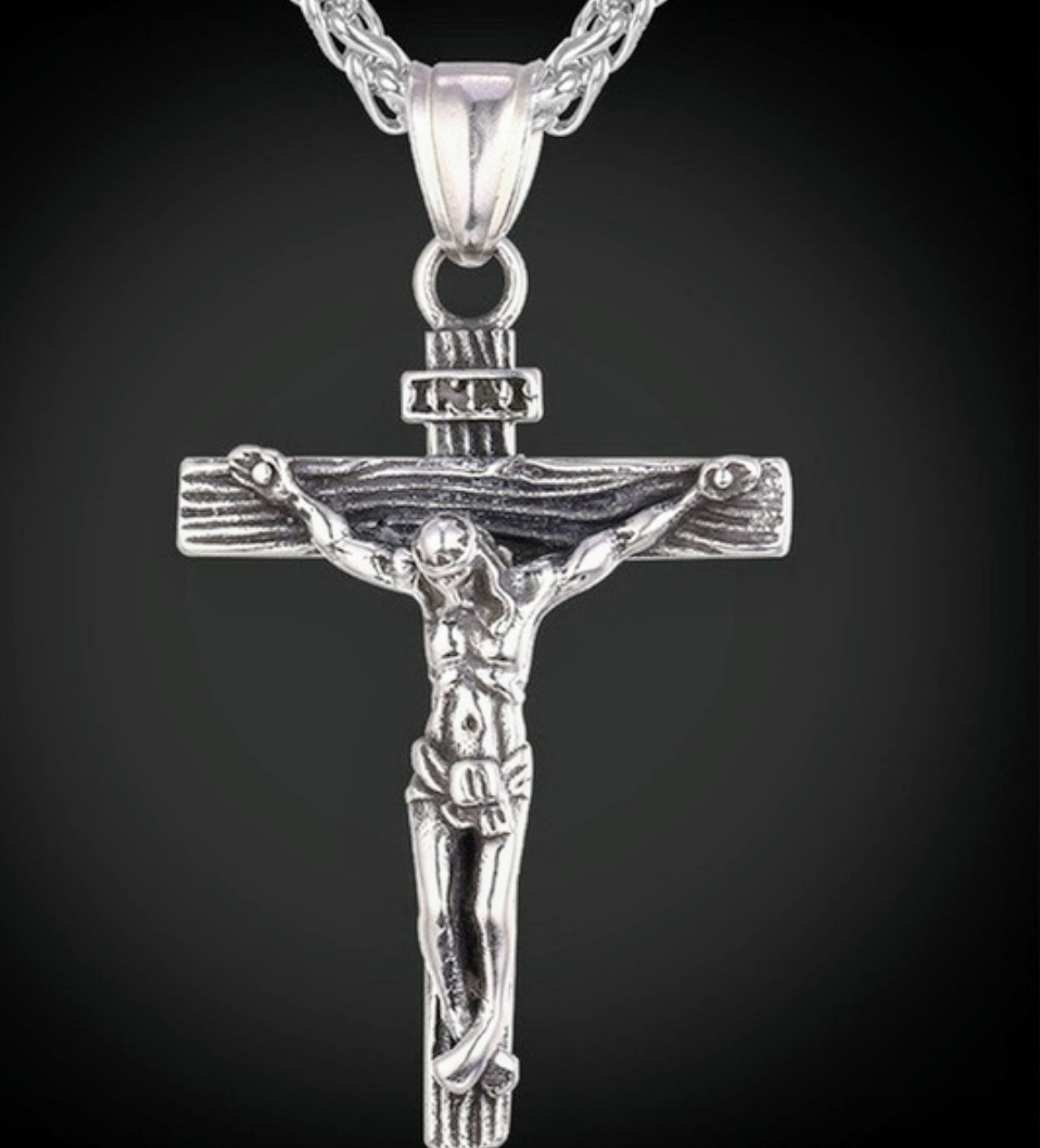 Vintage Jesus Christ On the Cross necklace. Silver tone