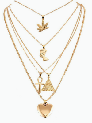 Five layer Egyptian leaf heart necklace. Gold tone