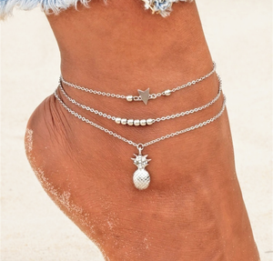 Beautiful, 2 piece silver tone, pineapple ankle bracelet set