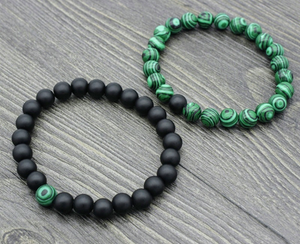 2 piece Couple's Emerald green & black bead bracelet set.