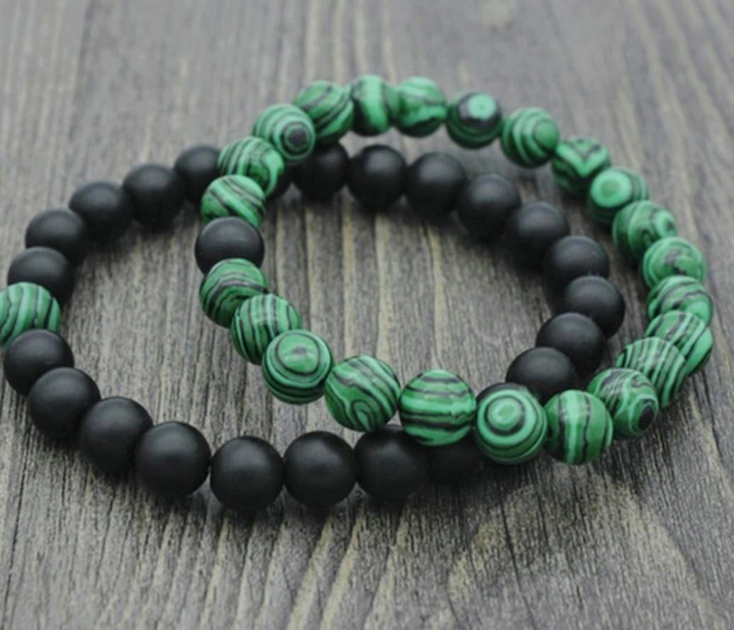 2 piece Couple's Emerald green & black bead bracelet set.