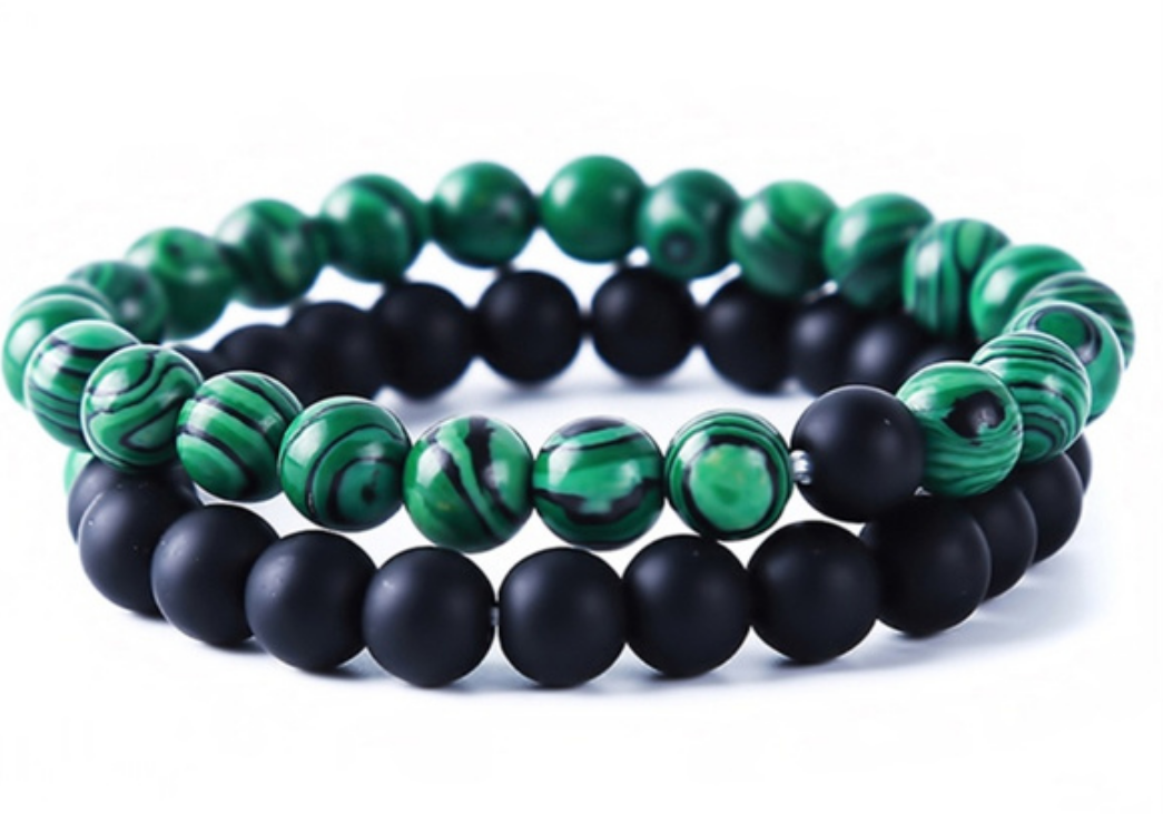 2 piece Couple's Emerald green & black bead bracelet set.