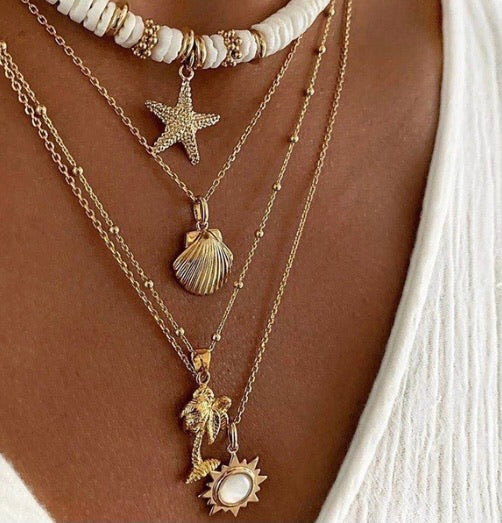 Starfish Seashell Palm Tree and Flower Layered Boho Necklace.