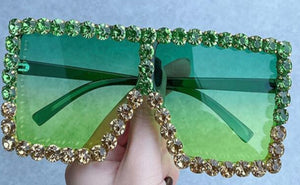 Money Green Bling. Oversized Green & Rose Gold Rhinestone Sunglasses