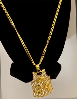 #24 Kobe Greatness basketball jersey necklace. Bling gold tone.