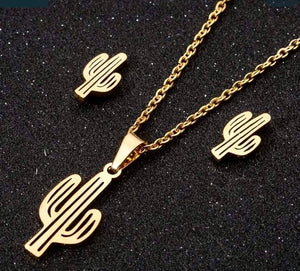 Dainty Gold Tone Cactus Necklace and Earrings set