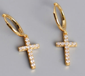 Dainty rhinestone cross dangle earrings. Gold tone.