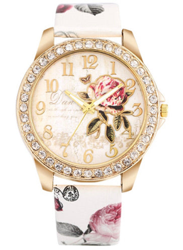 White Rhinestone rose band bling watch