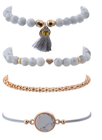 Lovely 4 piece gray stone and gold tone beaded bracelet set