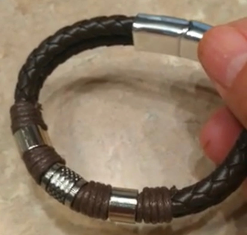 Men's brown rugged one snap bracelet with gunmetal accents