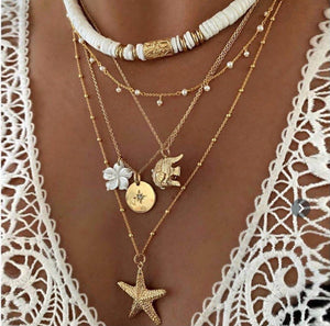 Boho Starfish Elephant Flower and Coin Layered Necklace