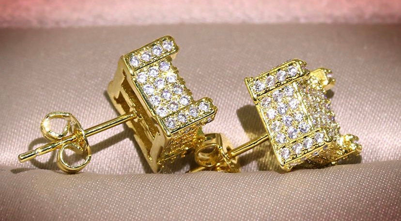 "Squared Off" cubed rhinestone earrings set in gold tone.