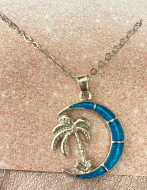 Turquoise blue crescent moon Palm tree necklace