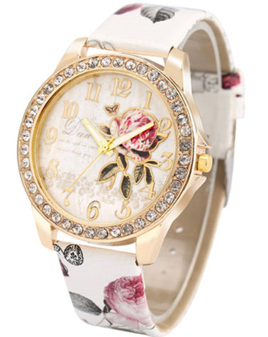 White Rhinestone rose band bling watch