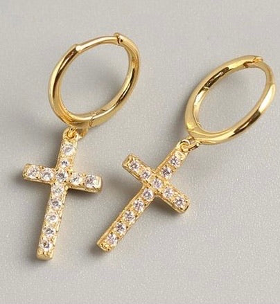 Dainty rhinestone cross dangle earrings. Gold tone.