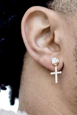 Unisex rhinestone cross dangle earrings w rhinestone stud. Gold tone