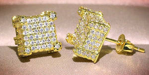 "Squared Off" cubed rhinestone earrings set in gold tone.