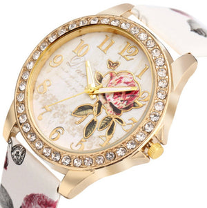 White Rhinestone rose band bling watch