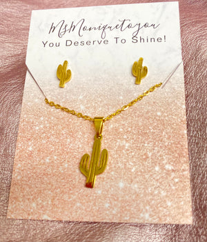 Dainty Gold Tone Cactus Necklace and Earrings set