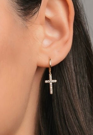 Dainty rhinestone cross dangle earrings. Gold tone.