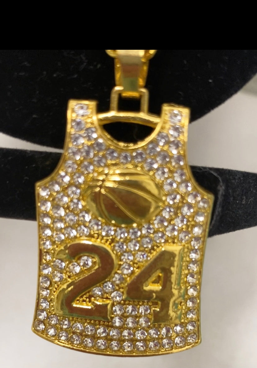 #24 Kobe Greatness basketball jersey necklace. Bling gold tone.