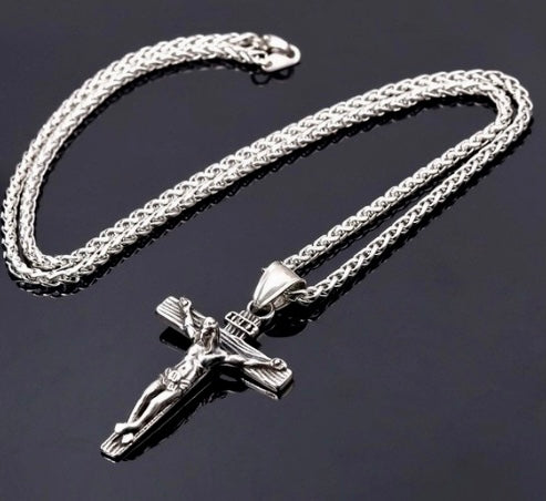 Vintage Jesus Christ On the Cross necklace. Silver tone