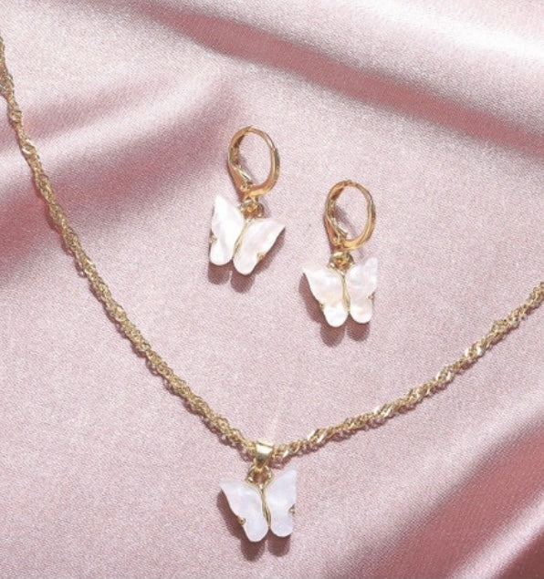 Dainty Pinky.  Soft pink butterfly necklace and earrings set